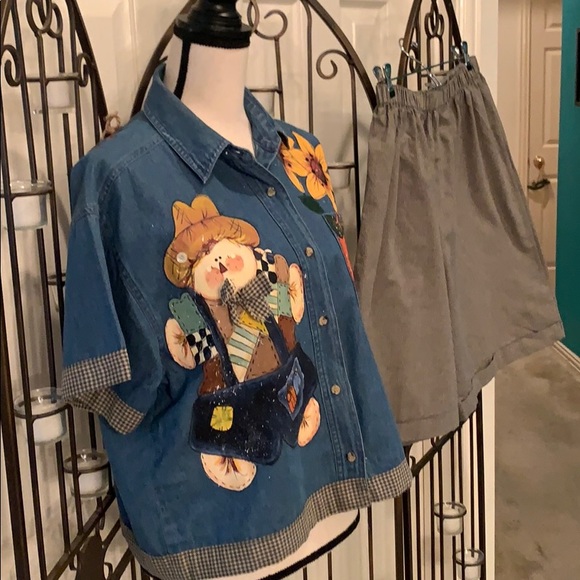 Autumn short set with denim button down shirt - Picture 2 of 7